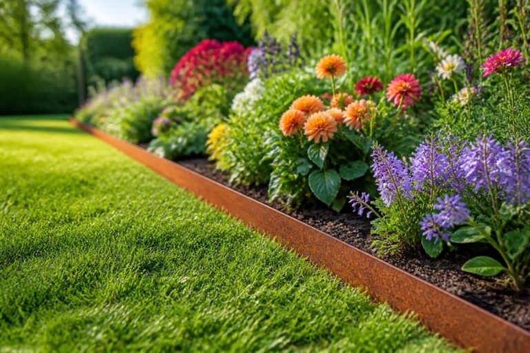 Liaison directe entre la bordure de jardin en corten et la délimitation nette des parterres de fleurs