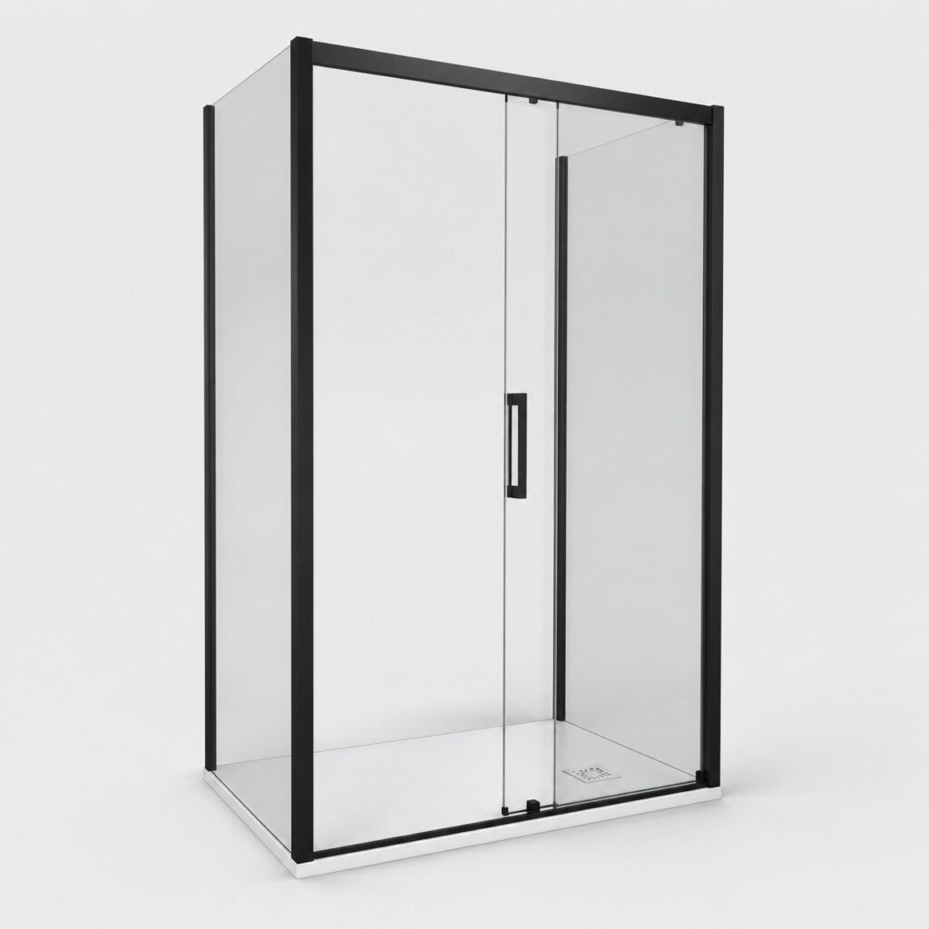 Cabine de douche rectangulaire 120x90 cm, vue de face, fond clair.