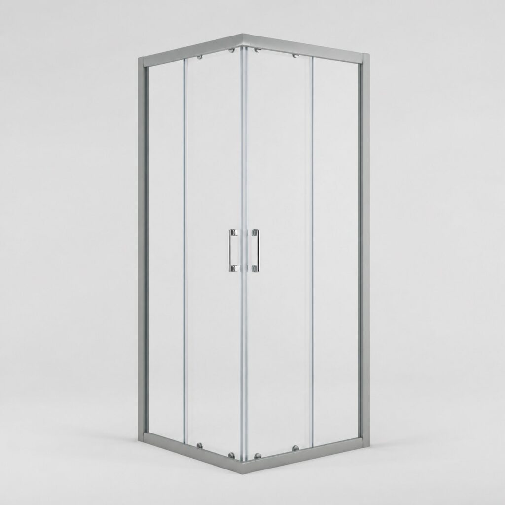 Cabine de douche carrée 70x70 cm en verre trempé et profilés gris, vue produit sur fond clair