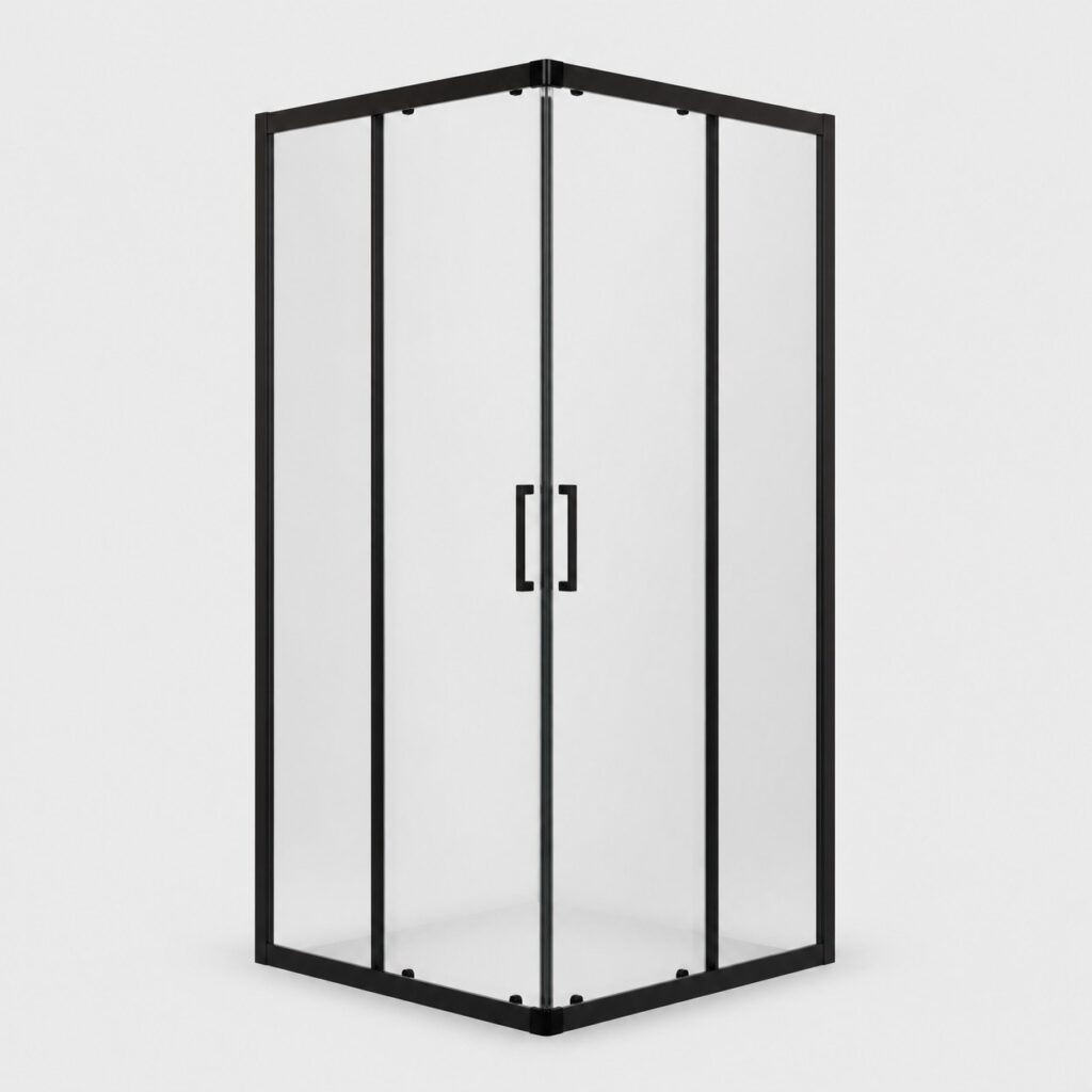 Cabine de douche 75x75 cm seule sur fond clair, vue de trois-quarts
