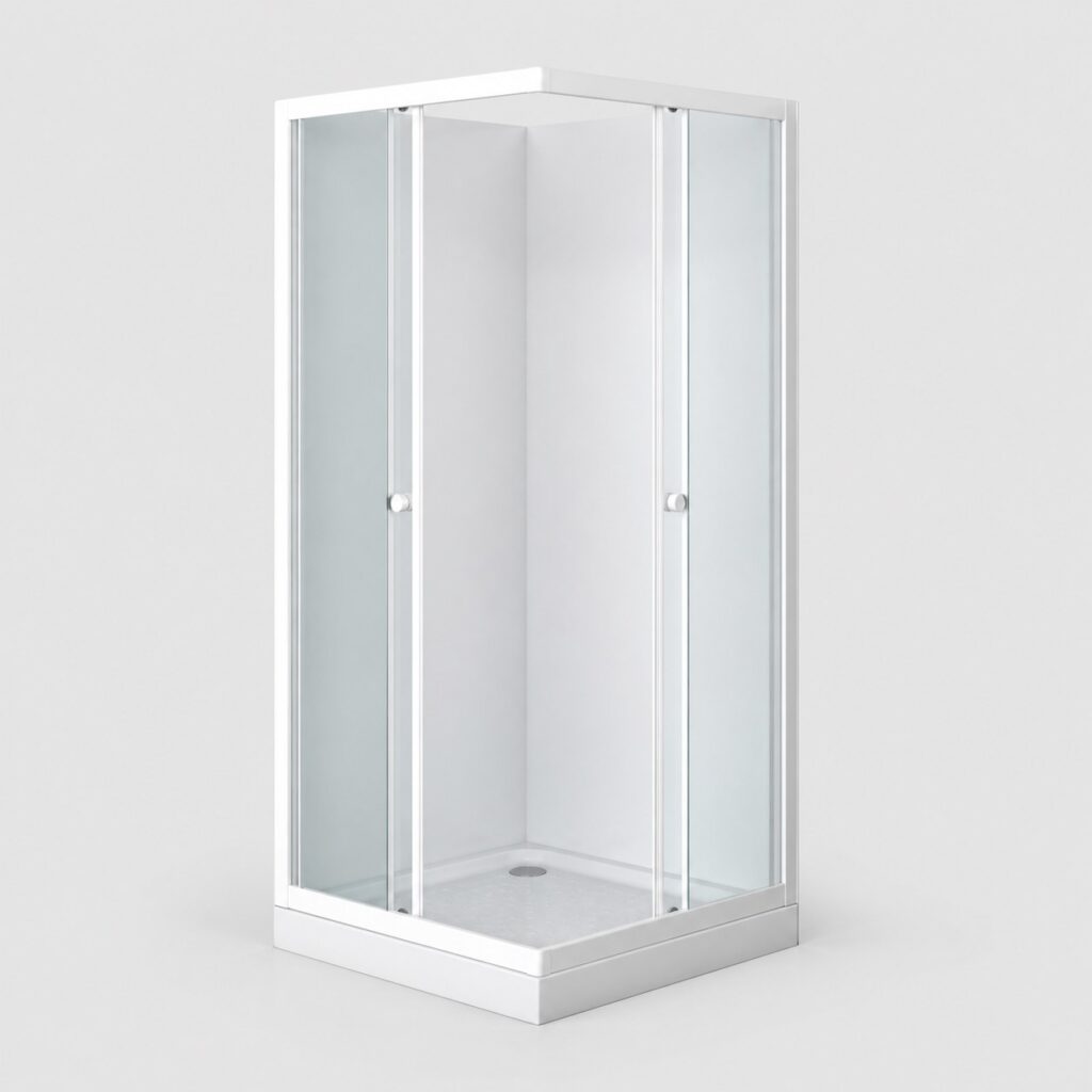 Cabine de douche 80x80 cm blanche avec portes coulissantes vue de face sur fond clair