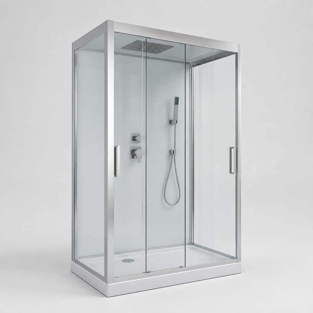 Cabine de douche intégrale rectangulaire 120x80 cm sur fond blanc, vue de trois-quarts avant