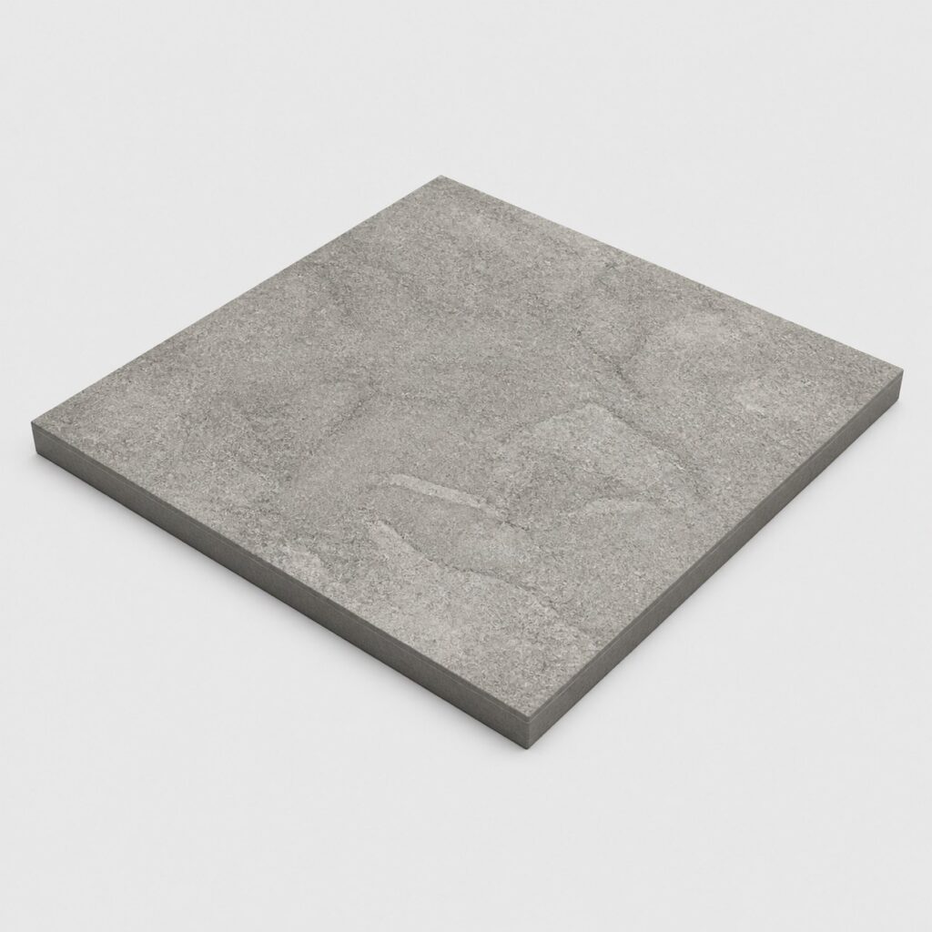 Carrelage extérieur effet pierre gris 60x60, dalle seule sur fond clair
