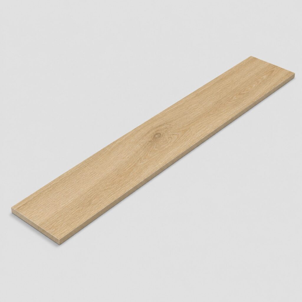 Carrelage extérieur imitation bois, lame 20 x 120 cm, posé sur fond clair