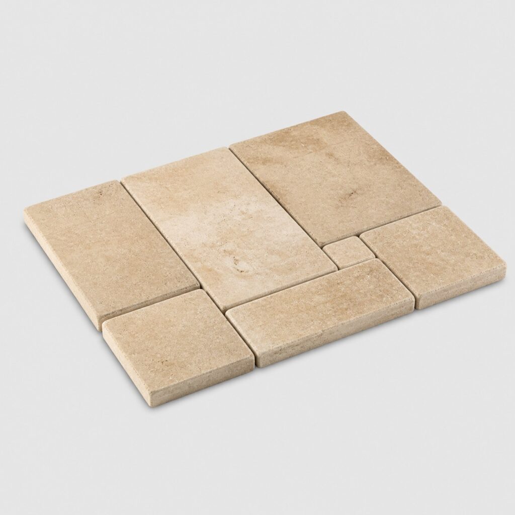 Dalles de travertin beige, finition brossée-vieillie, vues sur fond clair