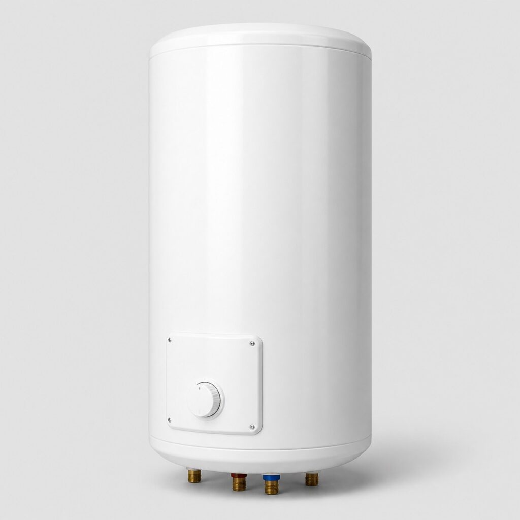 Chauffe‑eau cylindrique blanc posé sur fond clair, vue de trois‑quarts avant