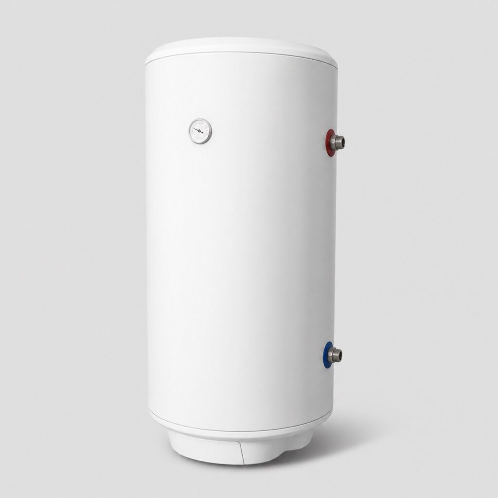 Chauffe-eau 200 L vertical blanc isolé sur fond clair