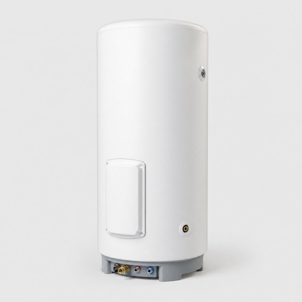 Chauffe‑eau électrique 300 L vertical blanc, isolé sur fond clair