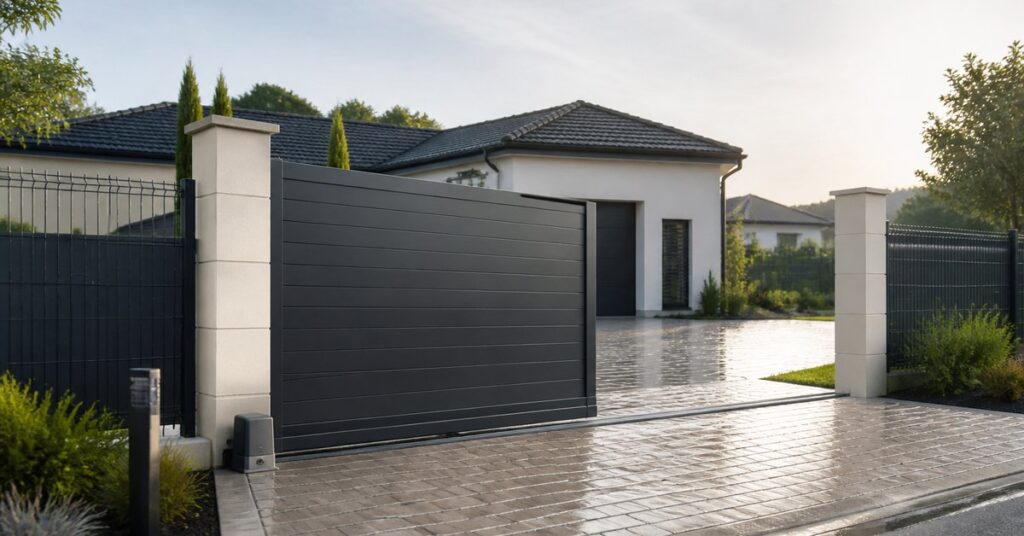 Portail coulissant motorisé devant une maison en France