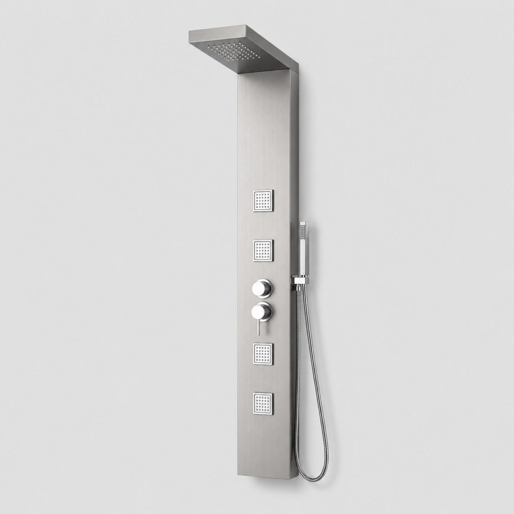 Colonne de douche hydromassante grise, panneau aluminium brossé, vue de face sur fond clair