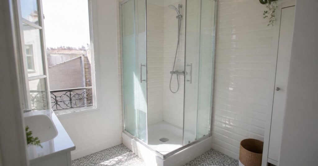 Cabine de douche d’angle posée dans une petite salle de bains