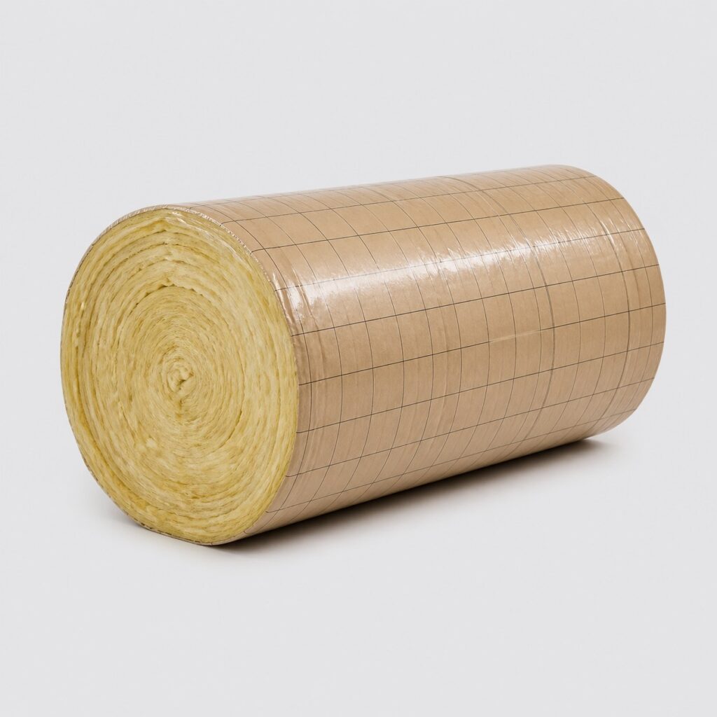 Rouleau de laine de verre 100 mm sur fond clair, filmé et compressé