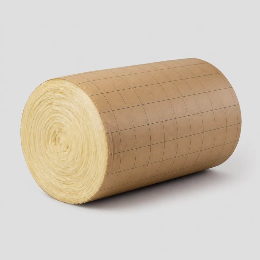 Rouleau de laine de verre 120 mm avec pare‑vapeur kraft, vu de face sur fond clair