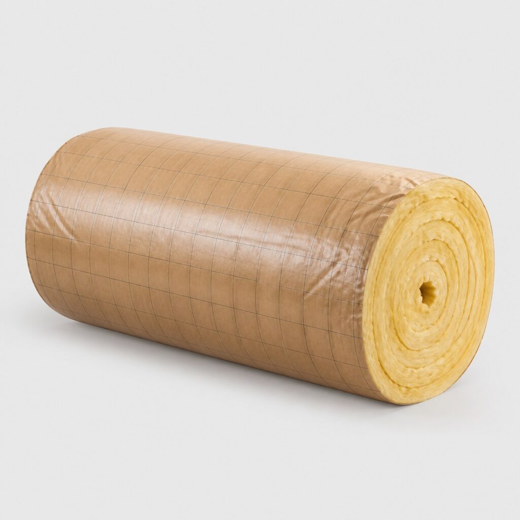 Rouleau de laine de verre 300 mm sur fond clair, compressé et cerclé