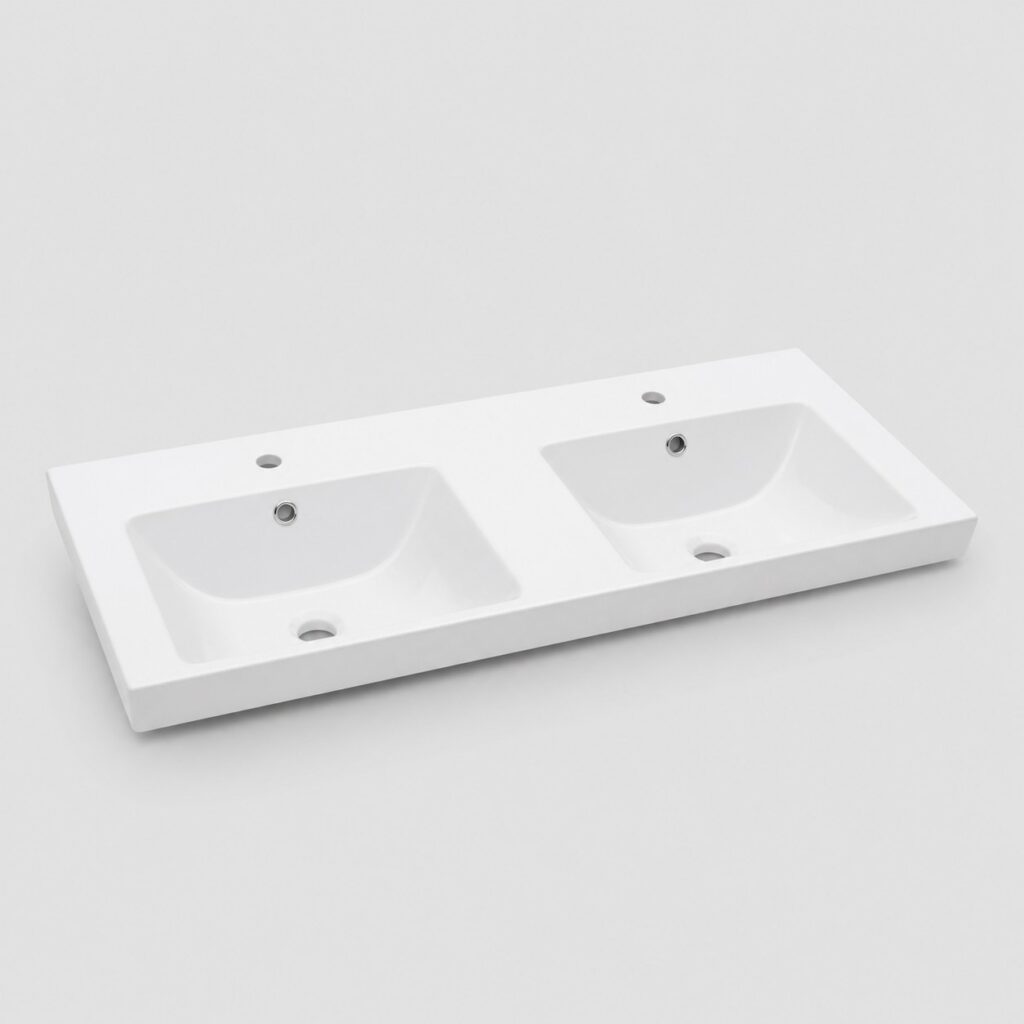 Plan double vasque céramique 120 cm blanc brillant, vue de face sur fond clair