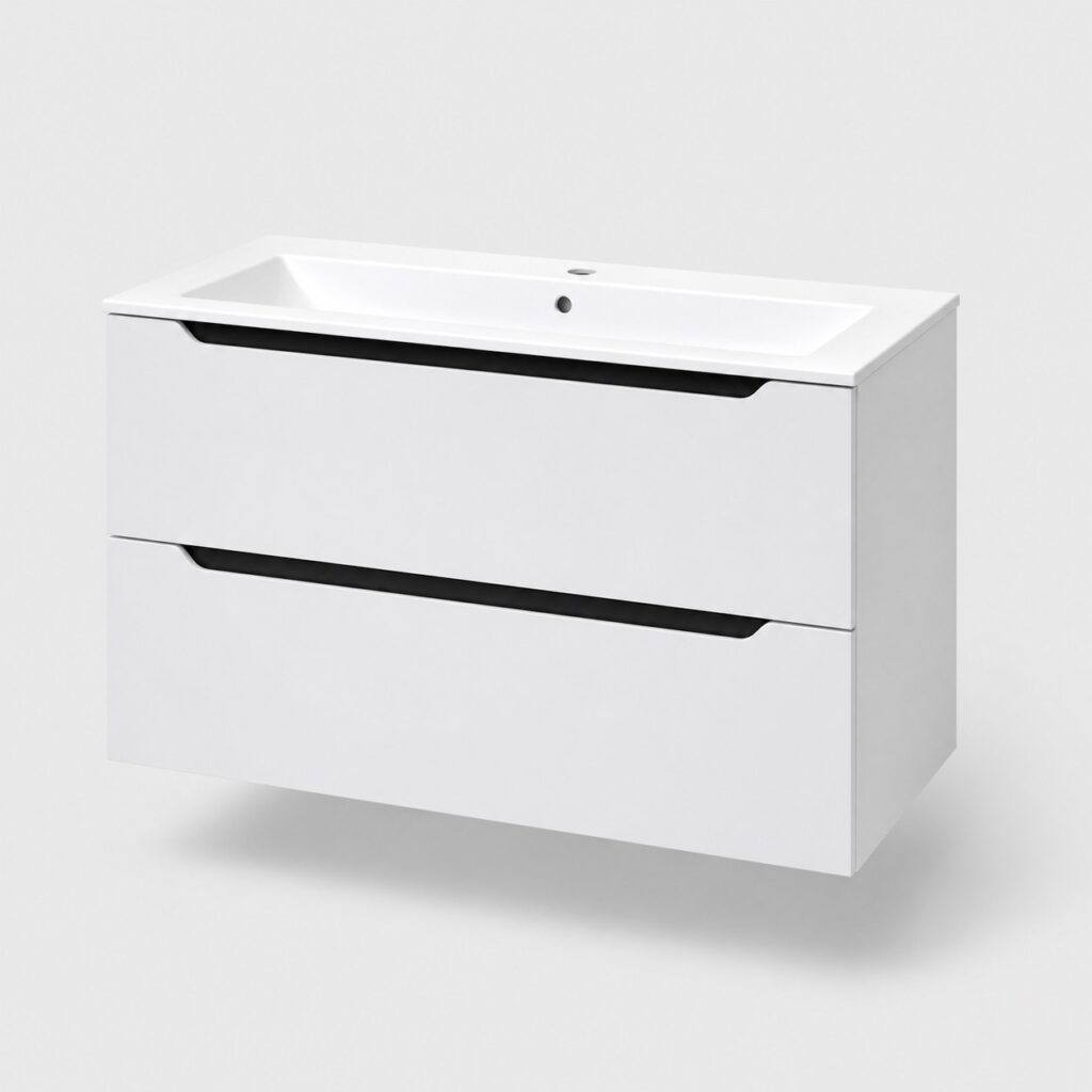 Meuble vasque 100 cm blanc mat, fond clair, vue de face