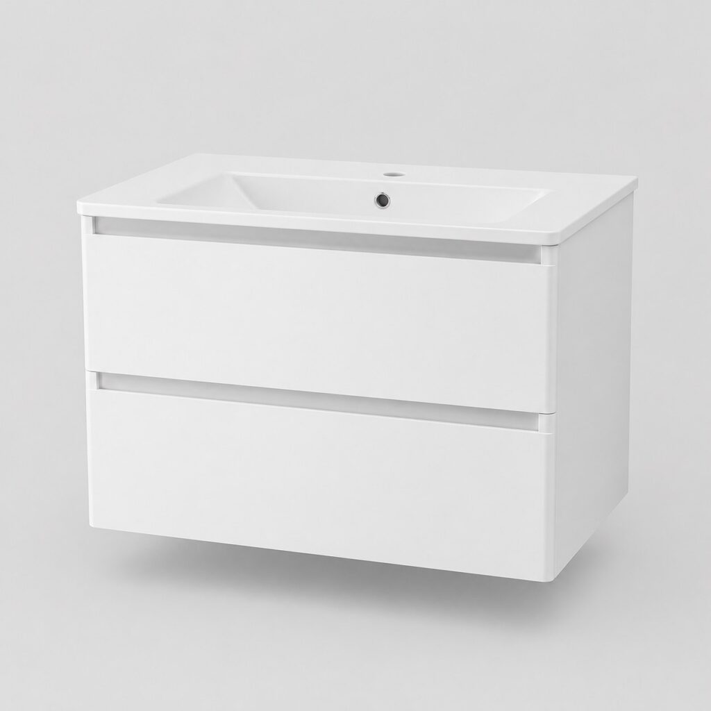 Meuble sous-vasque 80 cm blanc mat, deux tiroirs, fond clair
