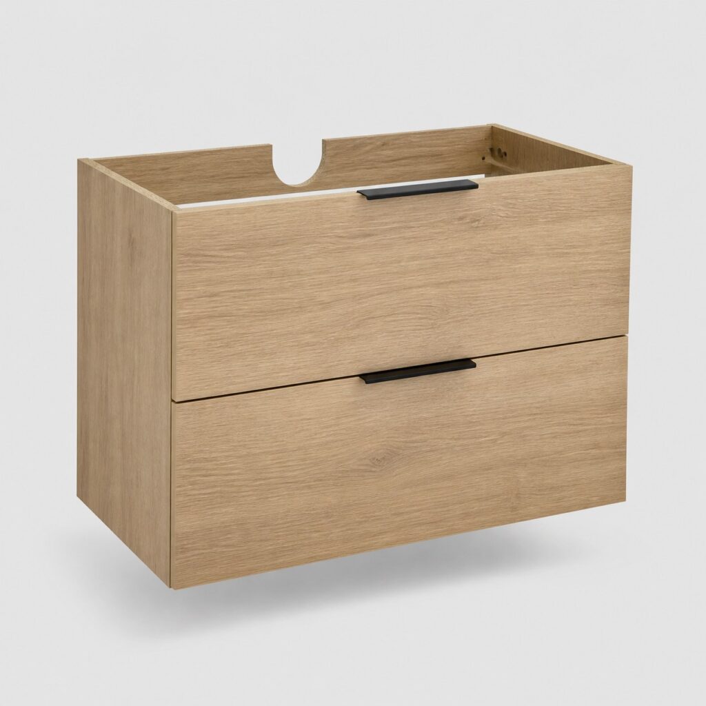 Meuble sous-lavabo suspendu 80 cm finition chêne clair sur fond clair