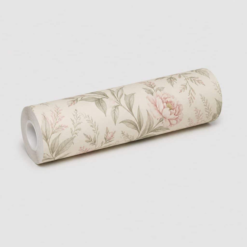 Rouleau de papier peint floral beige et vert posé sur fond clair, vue produit isolé