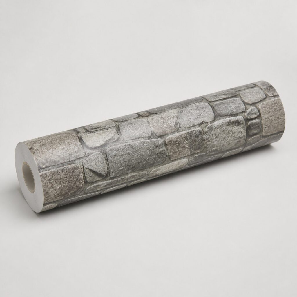 Rouleau de papier peint imitation pierre gris posé sur fond clair, vue produit seule