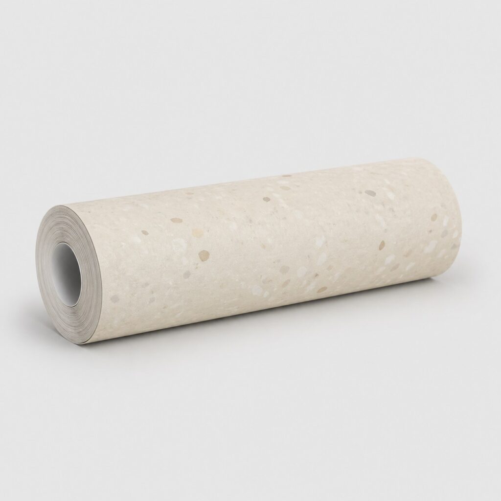 Rouleau de papier peint vinyle sur intissé beige, posé sur fond clair