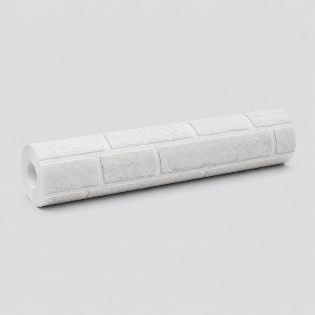 Rouleau de papier peint trompe‑l’œil gris posé sur fond clair, vue produit seul
