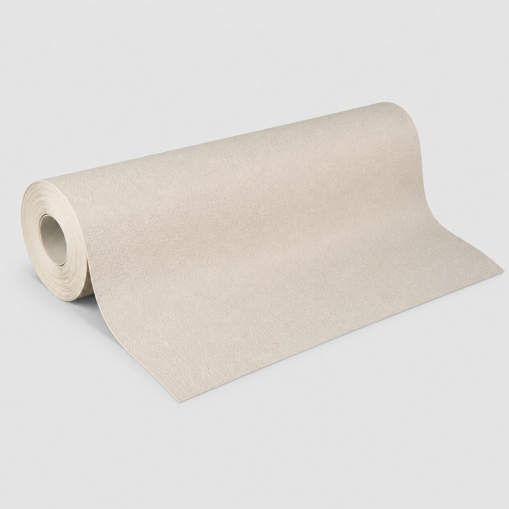 Rouleau de papier peint vinyle beige, seul, sur fond clair