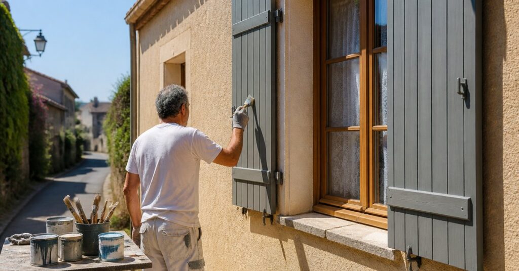 Application d’une peinture bois sur volets extérieurs