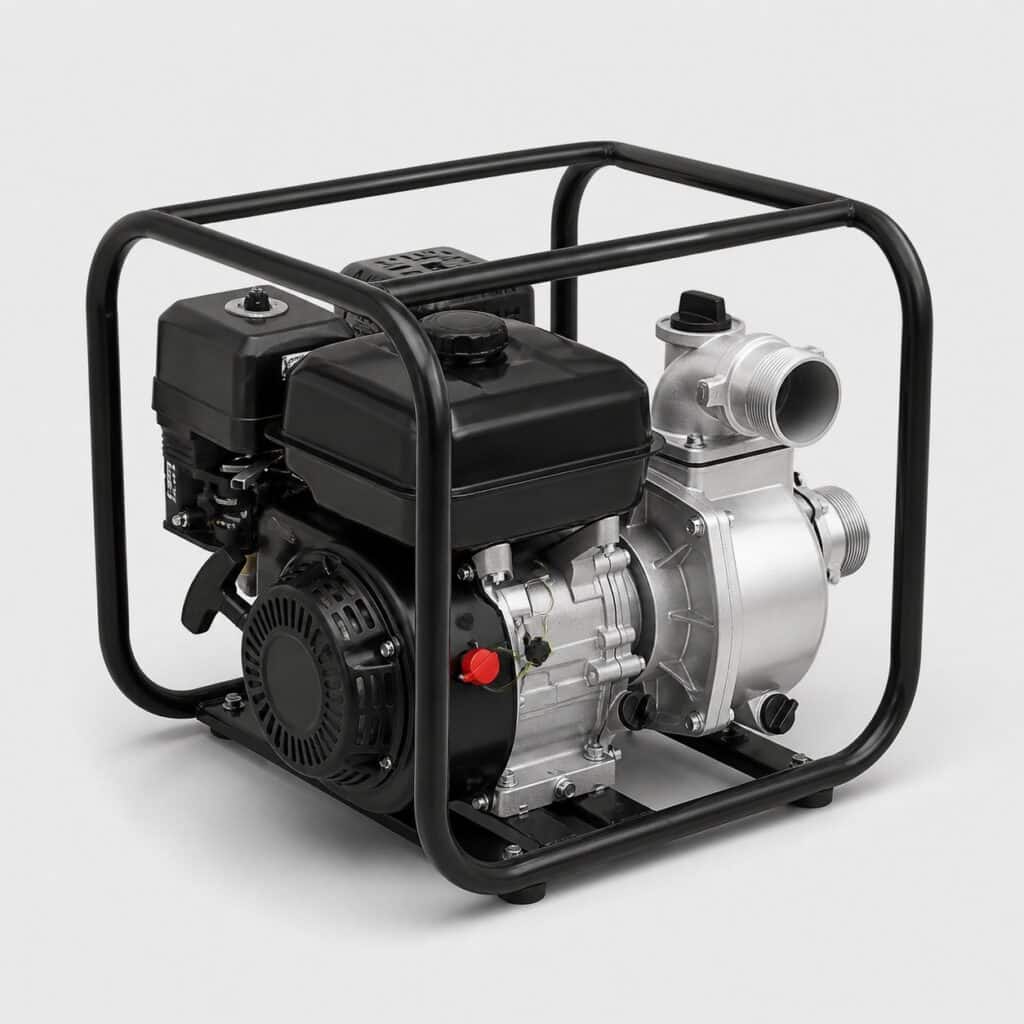 Pompe à eau thermique 4 temps seule sur fond clair, vue de trois-quarts