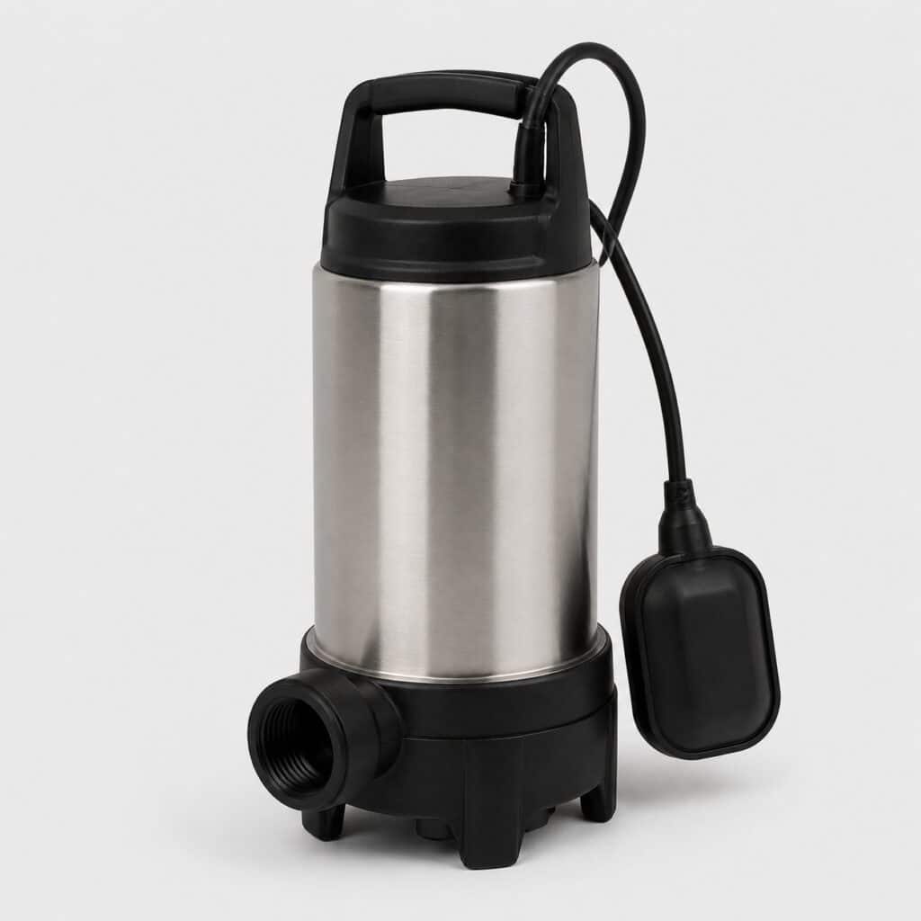 Pompe immergée eau de pluie, vue studio sur fond clair