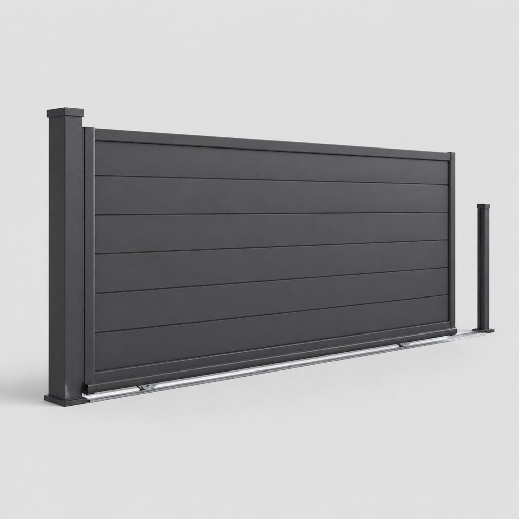 Portail coulissant 3 m en aluminium gris anthracite sur fond clair, vue de face
