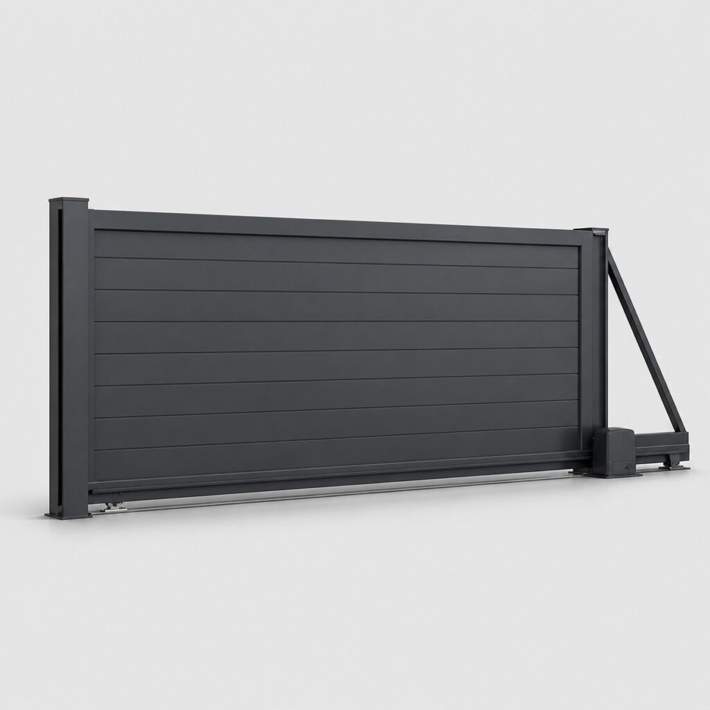 Portail coulissant motorisé 4 m en aluminium gris, fond clair