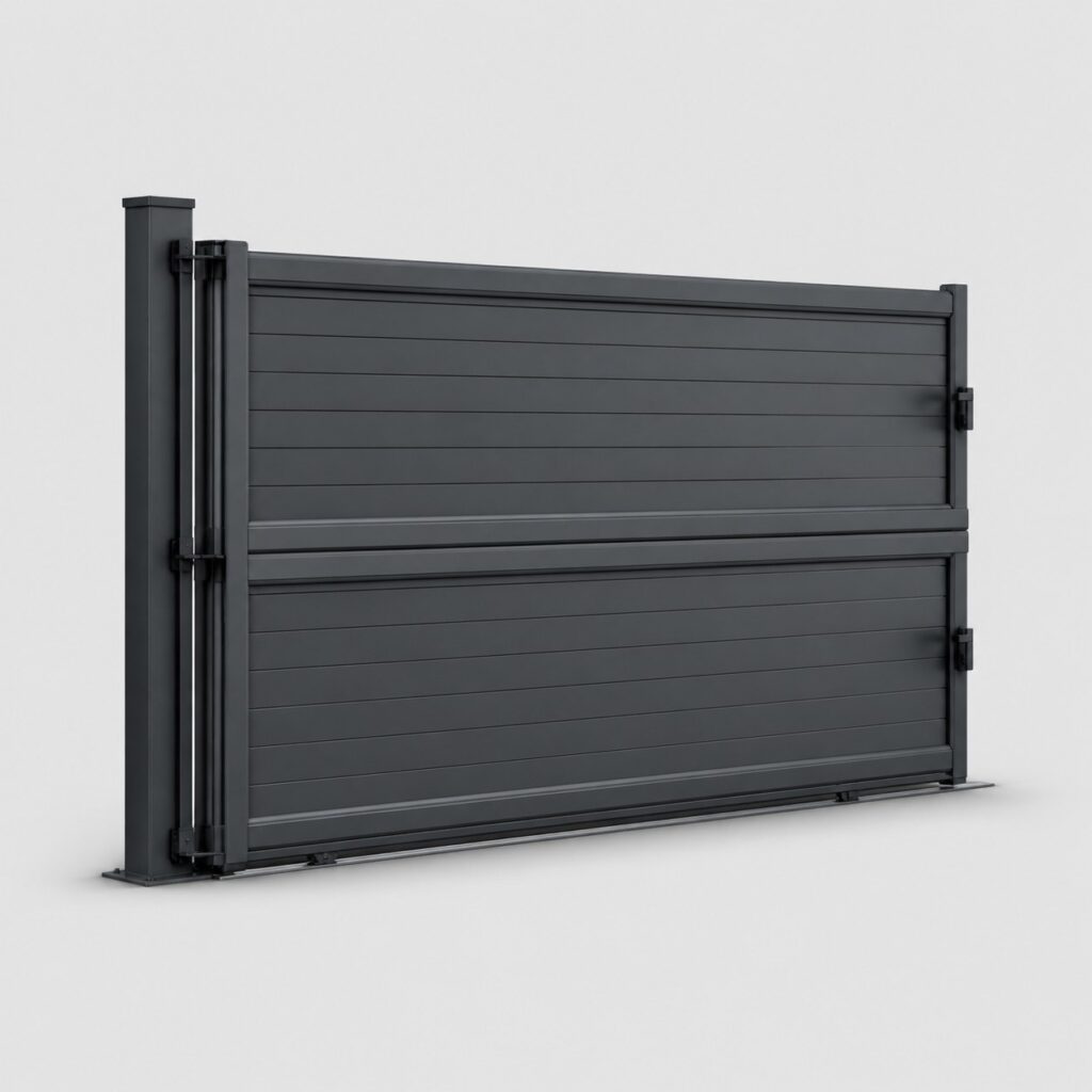 Portail coulissant sectionnel aluminium gris, vue de face sur fond clair