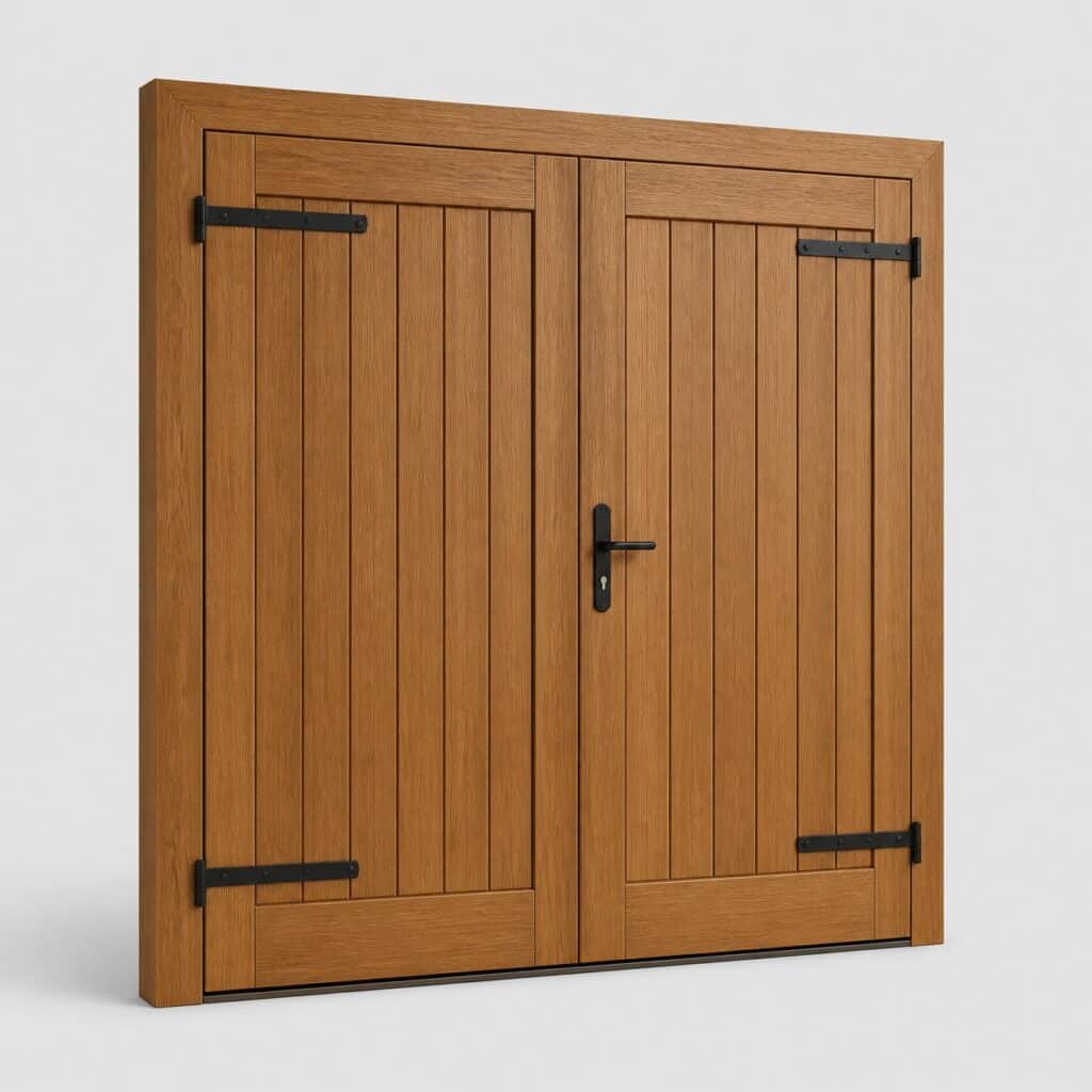 Porte de garage en bois deux vantaux sur fond clair, vue de face