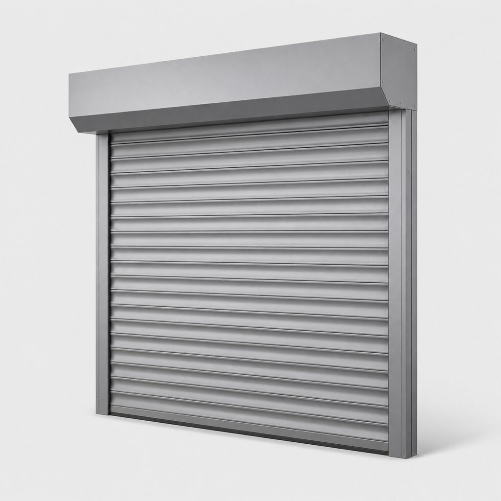 Porte de garage à enroulement aluminium gris, posée fermée, fond clair