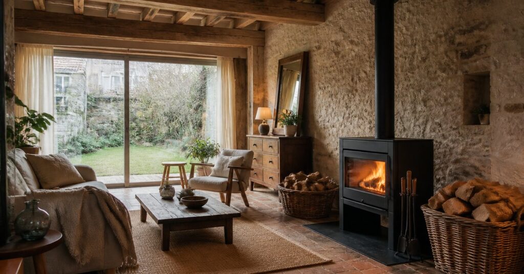 Poêle à bois allumé dans un salon français rénové
