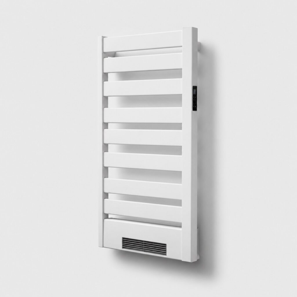 Sèche-serviettes électrique soufflant blanc vu de face sur fond clair