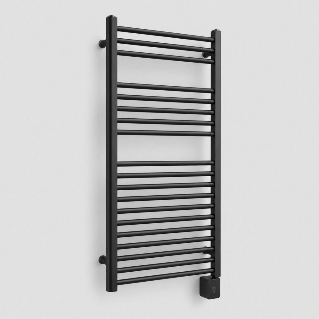 Sèche-serviettes noir mat, tubes ronds, vu de face sur fond clair