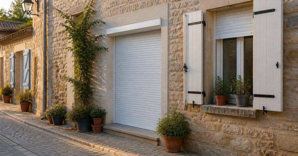 Façade avec volets roulants en situation réelle