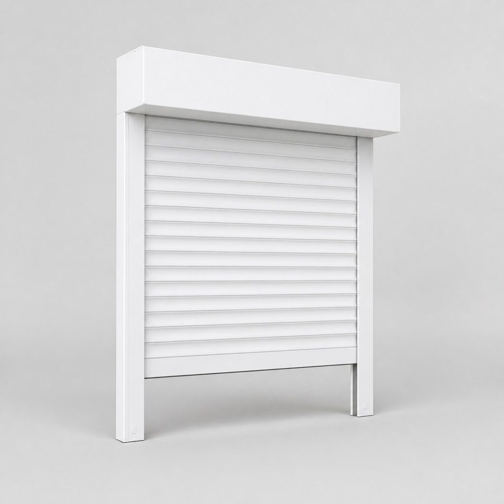 Volet roulant pour porte d’entrée, monobloc aluminium blanc, isolé, sur fond clair
