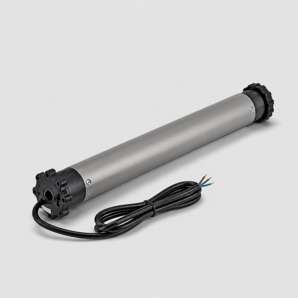 Moteur tubulaire pour volet roulant posé seul sur fond clair, vue latérale