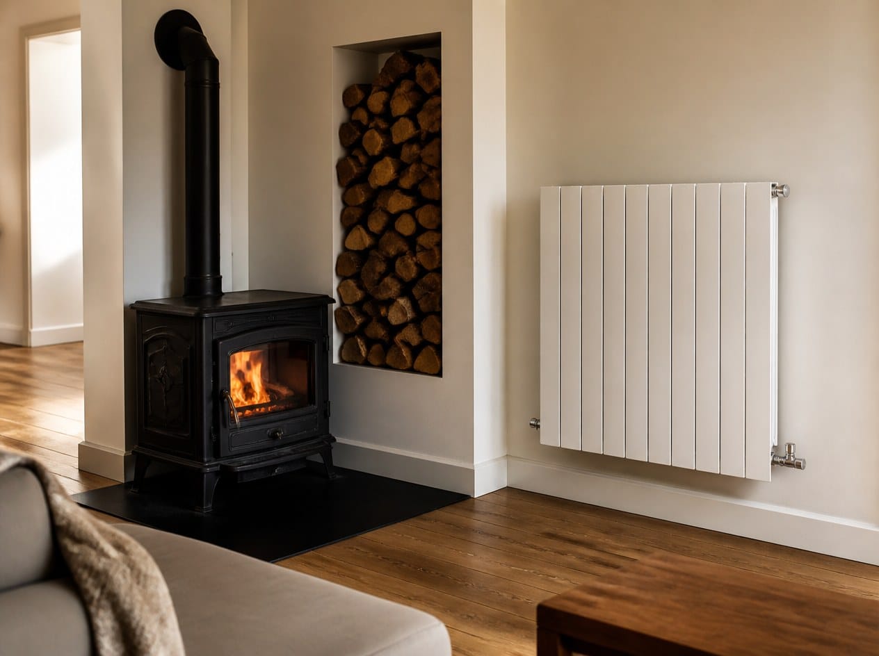Coin chauffage avec poele a bois en fonte et radiateur contemporain