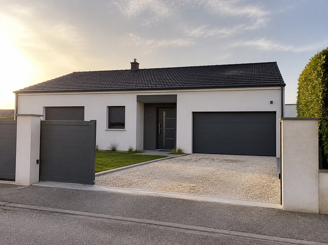 Facade de maison avec portail, volets et porte de garage aluminium anthracite