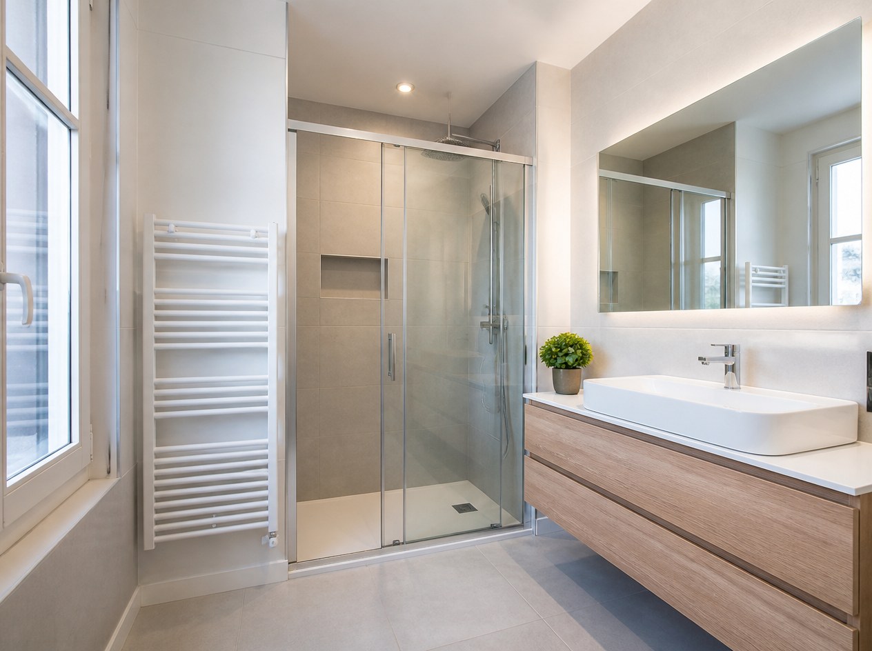 Salle de bain renovee avec douche, meuble vasque et seche-serviettes