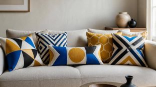 découvrez comment l'association des coussins à motifs géométriques dynamise visuellement l'assise principale, apportant style et modernité à votre intérieur.