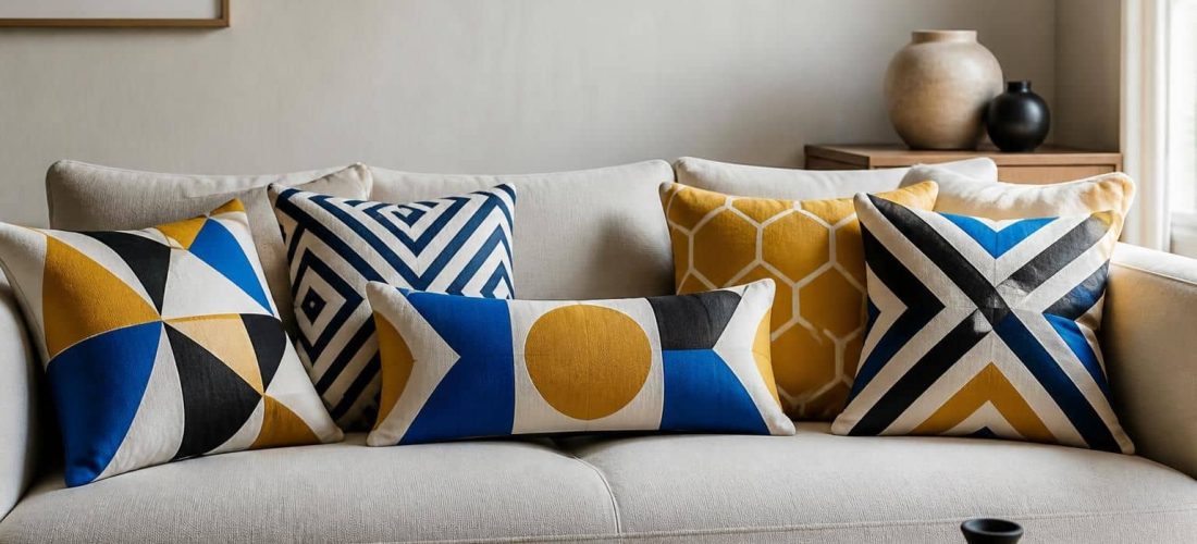 découvrez comment l'association des coussins à motifs géométriques dynamise visuellement l'assise principale, apportant style et modernité à votre intérieur.