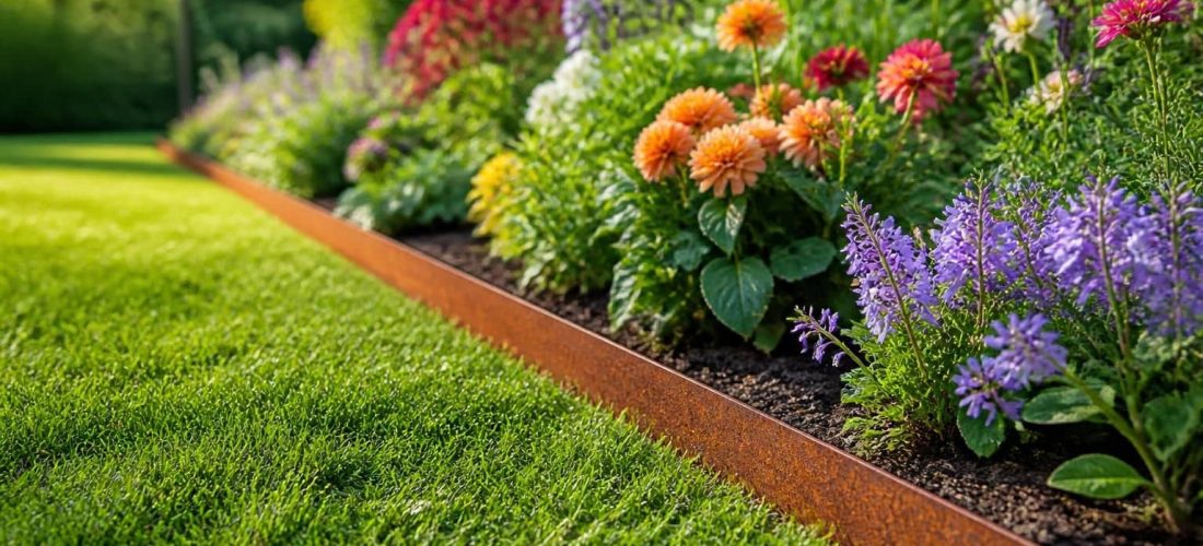 découvrez comment une liaison directe entre la bordure de jardin en corten et la délimitation nette des parterres de fleurs crée un espace extérieur élégant et parfaitement structuré.