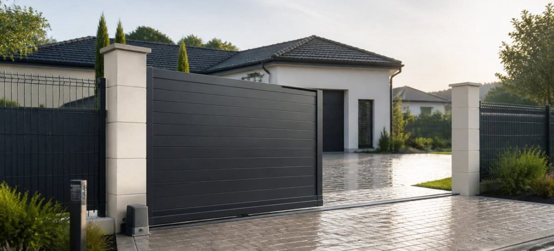 Portail coulissant motorisé devant une maison en France
