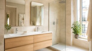 Meuble vasque suspendu en bois clair dans une salle de bain moderne
