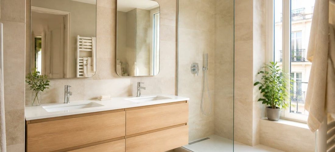 Meuble vasque suspendu en bois clair dans une salle de bain moderne